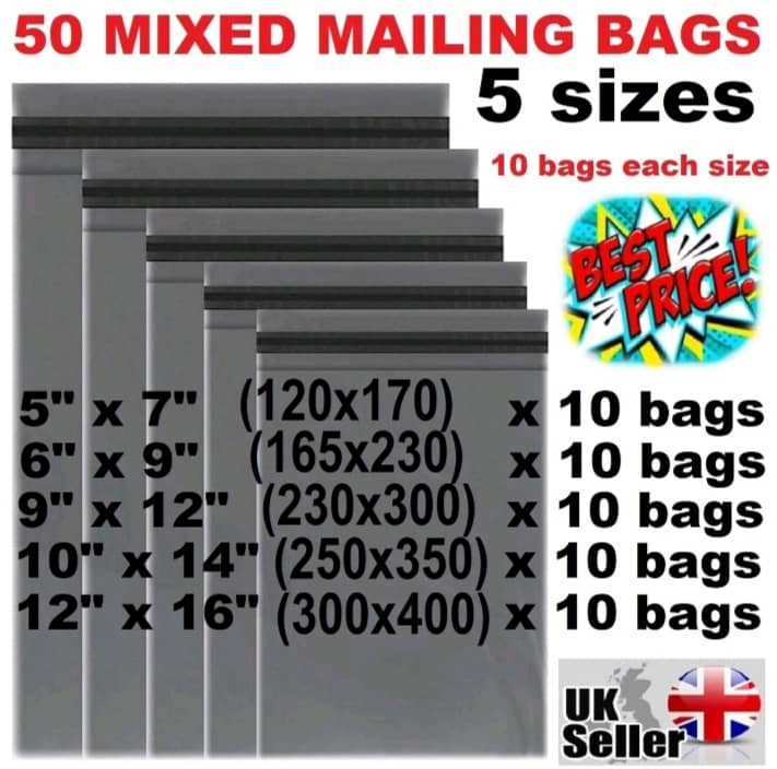 50 Postage Mailing Bags Mixed Sizes Parcels Postal Grey Strong Seal Poly Mailers